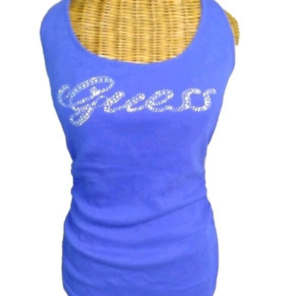 Guess Tops - Guess Vintage Ribbed Rhinestone Logo Y2K Blue Racerback Tank Top